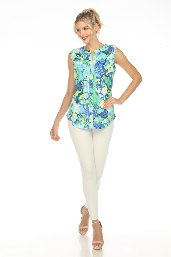 Sleeveless top, round neck with V opening, colorful print, by Tango Mango #T5815-5724