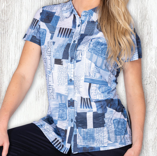 Graphic-patterned blouse in shades of blue with a rounded shirt collar – Variations #V-4415