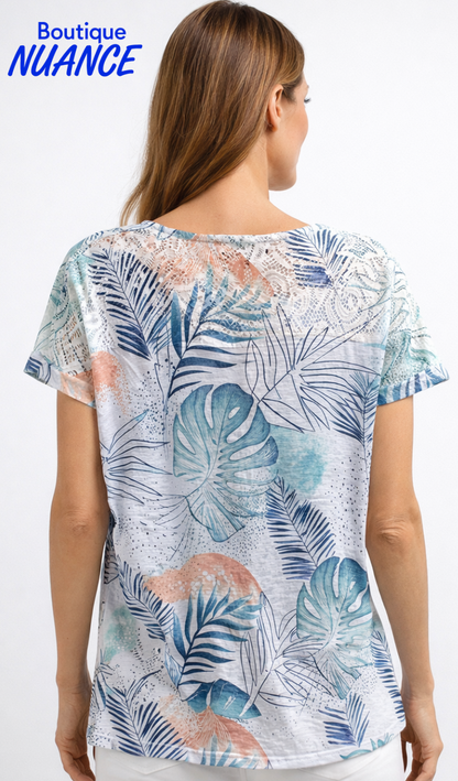 Haut à encolure en V à imprimé feuillage estival et détails de dentelle – Variations #V4328