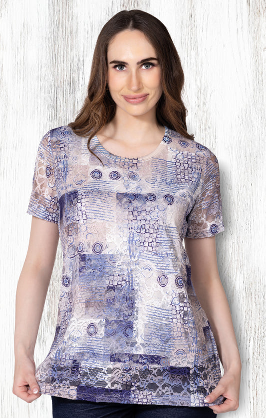Haut en dentelle ajourée à imprimé abstrait raffiné – Variations #V4336