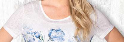 T-shirt floral raffiné à encolure ronde, orné de pierres thermocollés – Variations #V4338