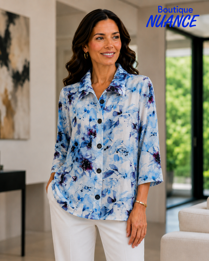 Pleated Collar Blouse with Watercolour Floral Print – Variations #V4357