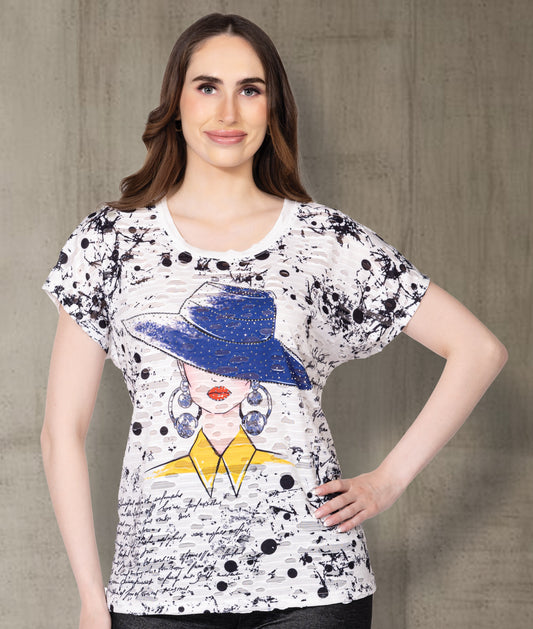 T-shirt à encolure ronde à imprimé artistique et détails ajourés – Variations #V4375