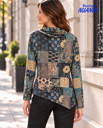 Haut à col drapé et imprimé patchwork ornemental – Variations #V7154