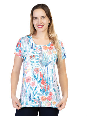 Short-sleeved sweater with colorful botanical prints by Variations #V7439