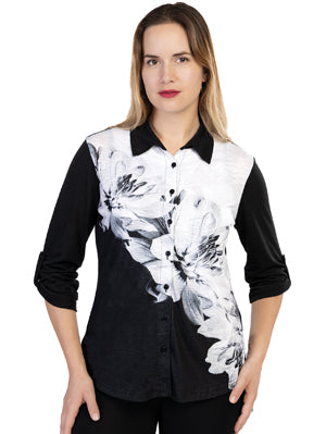 Black and white blouse with large white flower prints, by Variations #V7485