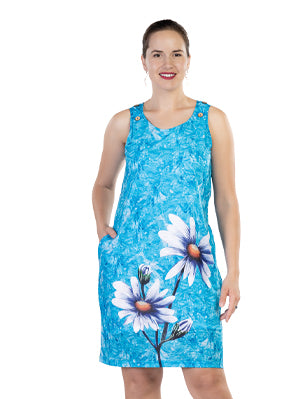 Turquoise sleeveless dress, with 2 daisy prints, by Variations #V7490