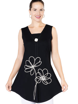 Tunique noire sans manches avec motif de fleurs blanches par Variations #V7509