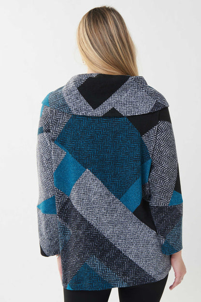 superbe chandail  imprimer dans les tons de noir,bleu sarcelle,et de gris pale...coupe décontracté. un grand col et ses belles poches avant donne un super look a ce chandail. Signé Joseph Ribkoff
