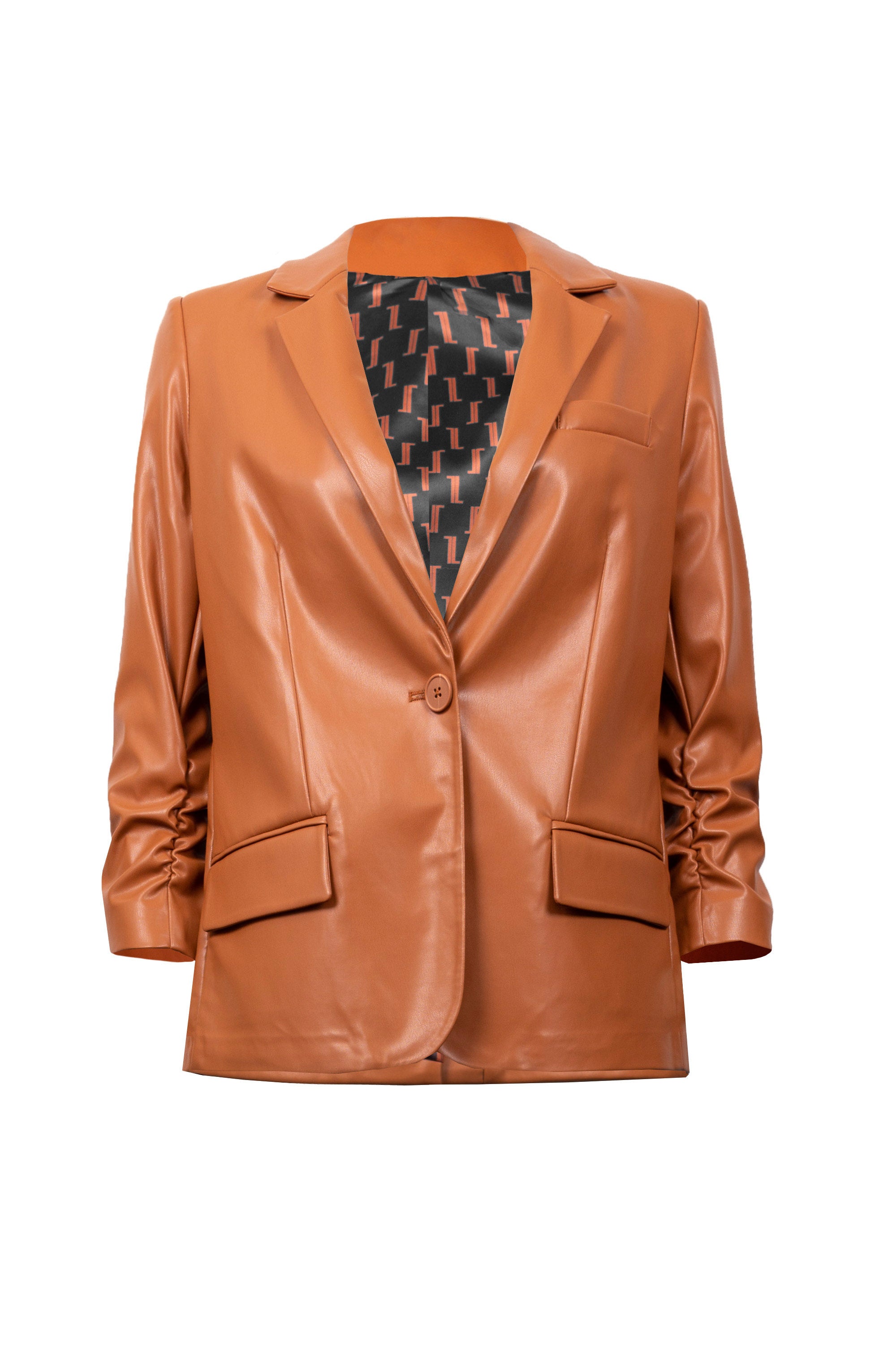 Superbe Veston en cuir, couleur Érable. Fait de vrai poche a l avant, avec rabat,un bouton pour attacher a l' avant. Manche plisser avec élastique pour donner une manche style 3/4..Vous l adopterez comme manteau d'automne ou comme veston au bureau...Signé Joseph Ribkoff