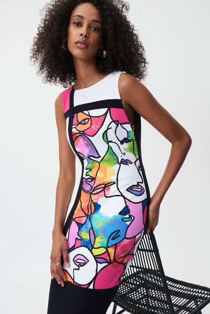 Robe en maille et sans manche de Joseph Ribkoff, qui respire la créativité. avec son imprimé. Cette robe sans poche a une fermeture à glissière à l’arrière. La longueur au-dessus du genou en fait une robe parfaite. fait de 95% Polyester, 5% Spandex