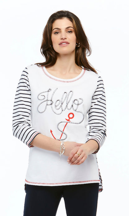 Chandail blanc manche 3/4 raillé, de la collection Orly # 60512