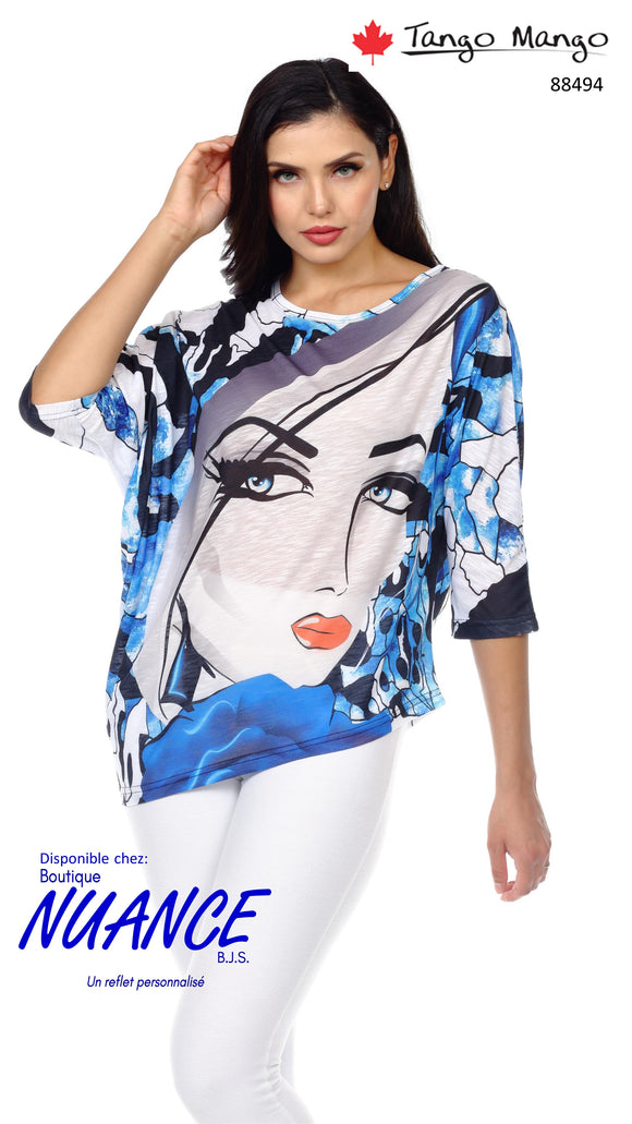 White sweater printed with a face, from Tango Mango model 88494