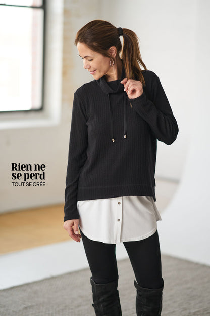 Pratique queue de chemise, a porter sous un chandail trop court pour donner un effet de chemisier...super pratique, que se soit sous un t-shirt ou un chandail plus épais..vous adorerez!!